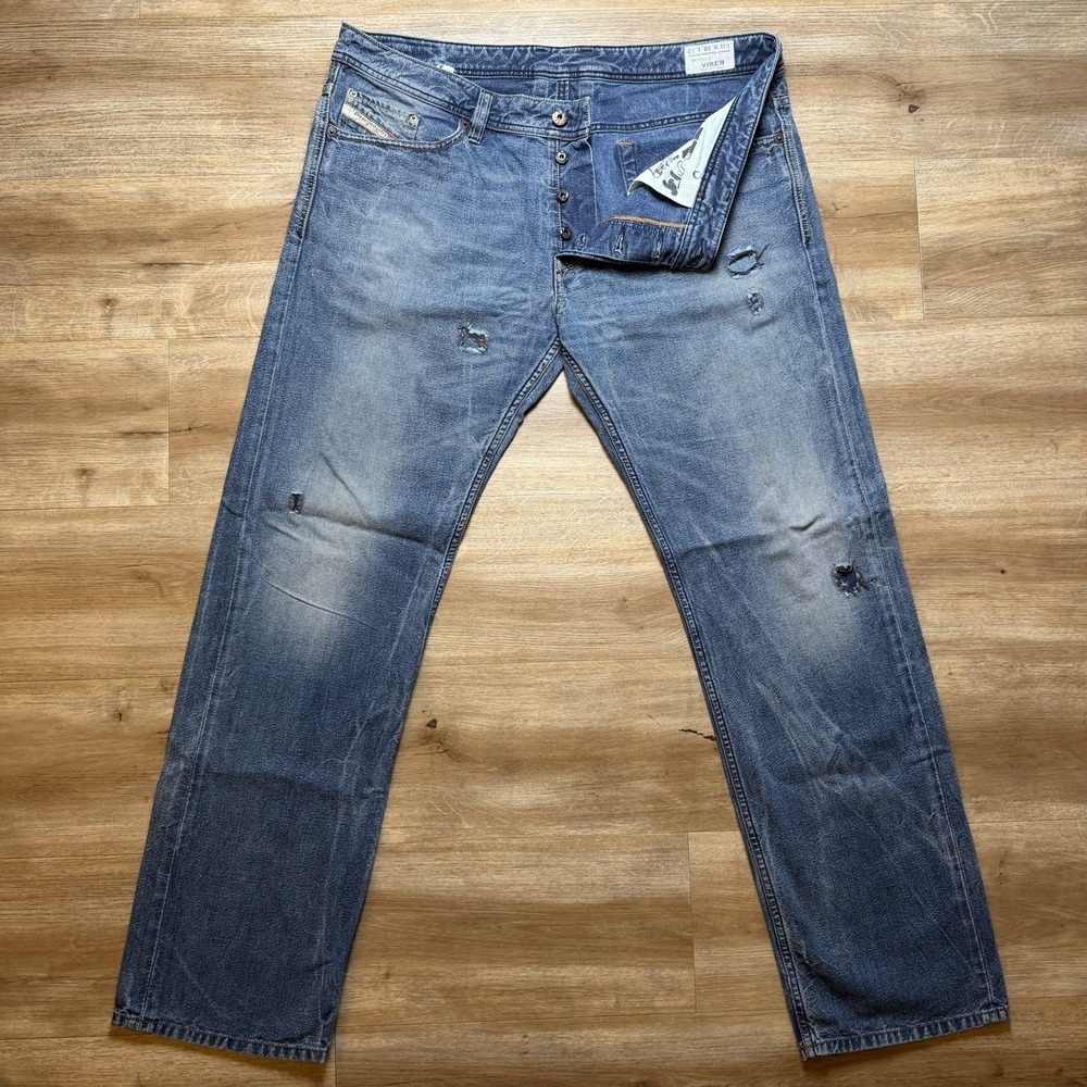 Diesel Viker Jeans Men 38x32 Blue Straight Leg Retro Wash Thrashed Grunge 0802J